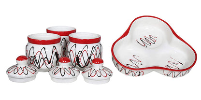 RAJ ROYAL Ceramic Food Storage Container with Lid & Tray - Set of 3-Storage Canister, Colour – Red & White Cornichon Jar - Size: Height 2.9" x Diameter: 2.9", Capacity-200 Gm. Each