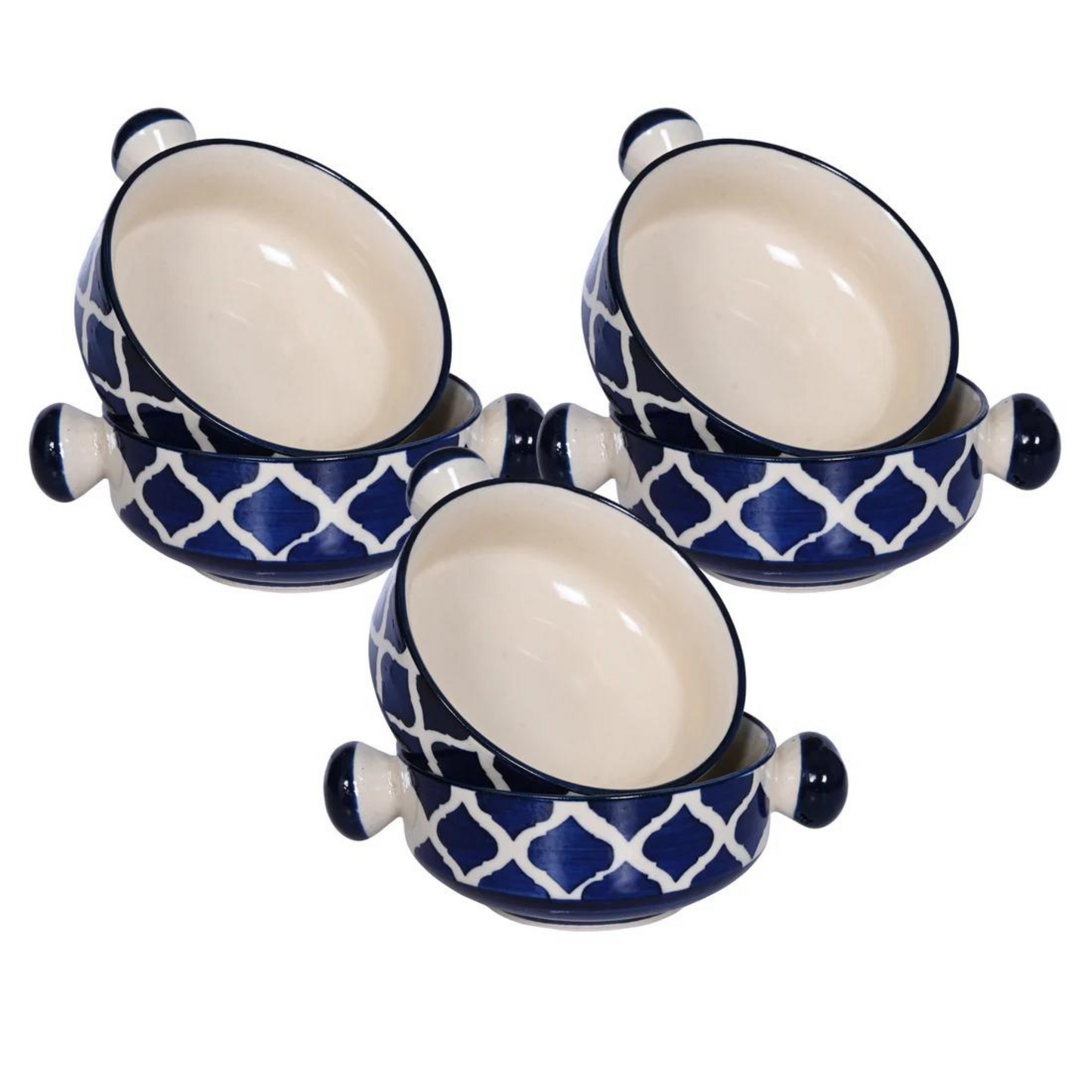 RAJ ROYAL Hand painted Blue Pottery Mughal Design Ceramic Soup Bowl with Handle - Set of 6 | Dessert Bowls | Cereal Bowls | Serving Bowls |Soup Bowls Set with Handle / Maggi Bowls (300 ML Each)