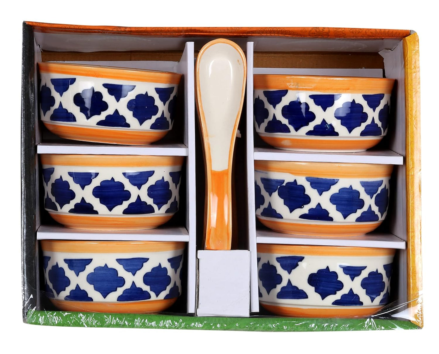 RAJ ROYAL Handmade Ceramic Hand Painted Blue Pottery Jumbo Soup Bowl and Spoons for Oats Noodles ceraluck Set of 6-350 ml Each
