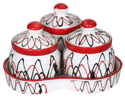 RAJ ROYAL Ceramic Food Storage Container with Lid & Tray - Set of 3-Storage Canister, Colour – Red & White Cornichon Jar - Size: Height 2.9" x Diameter: 2.9", Capacity-200 Gm. Each