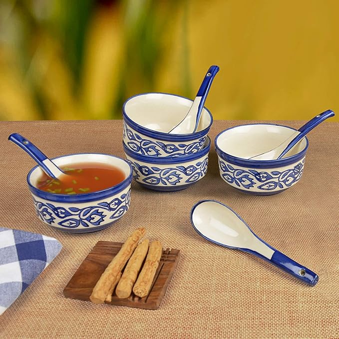 Raj Royal Ceramic Dinning Serving /Snack/ Mixing /Vegetable / Cereal / Soup / Salad / Tableware / Pudding Multipurpose / Desert / Food Storage Container / Hand Painted Blue Bail Bowl Set of 4 /Microwave Safe/(1300 ML, 700 ML, 500 ML, 300 ML)