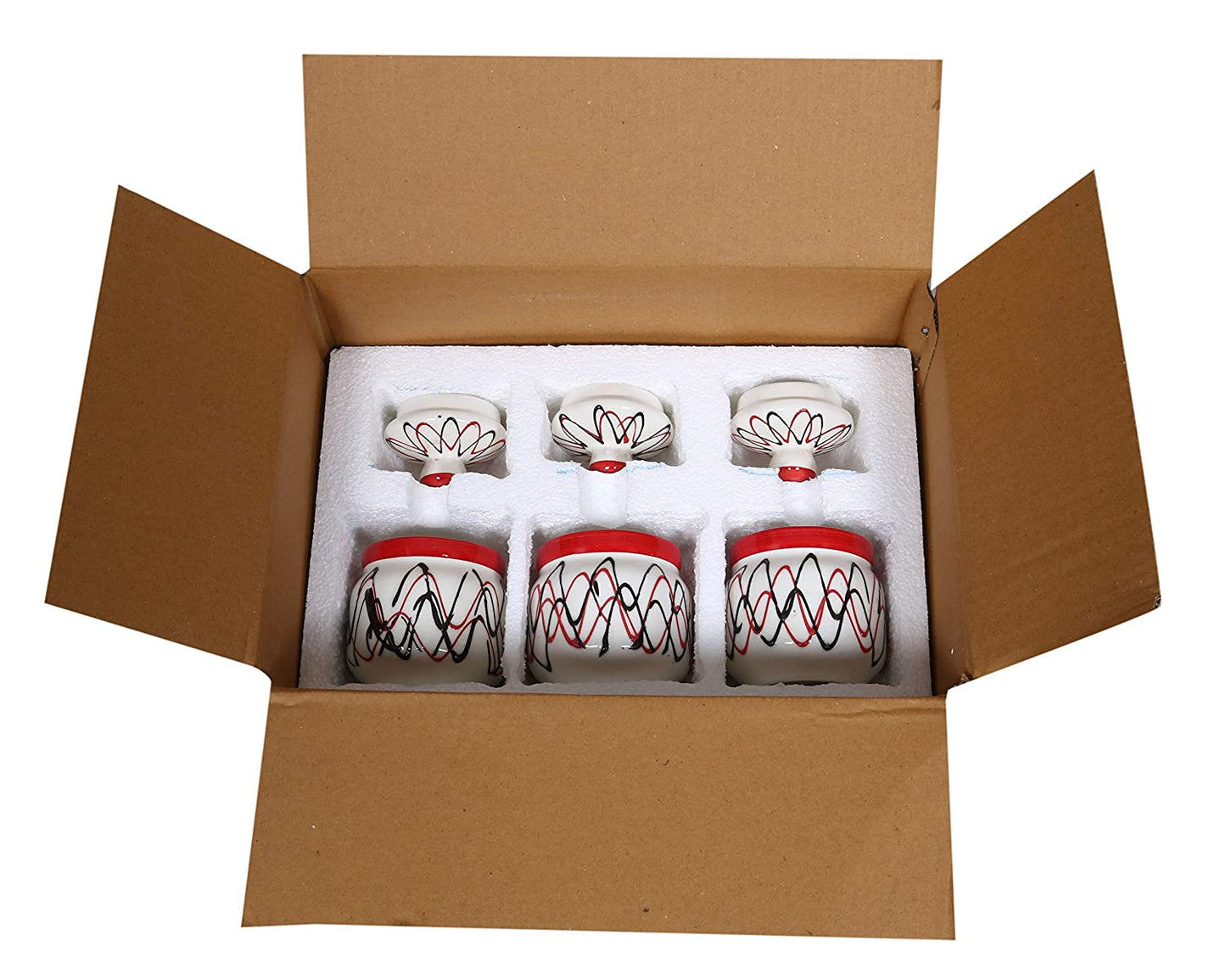 RAJ ROYAL Ceramic Food Storage Container with Lid & Tray - Set of 3-Storage Canister, Colour – Red & White Cornichon Jar - Size: Height 2.9" x Diameter: 2.9", Capacity-200 Gm. Each