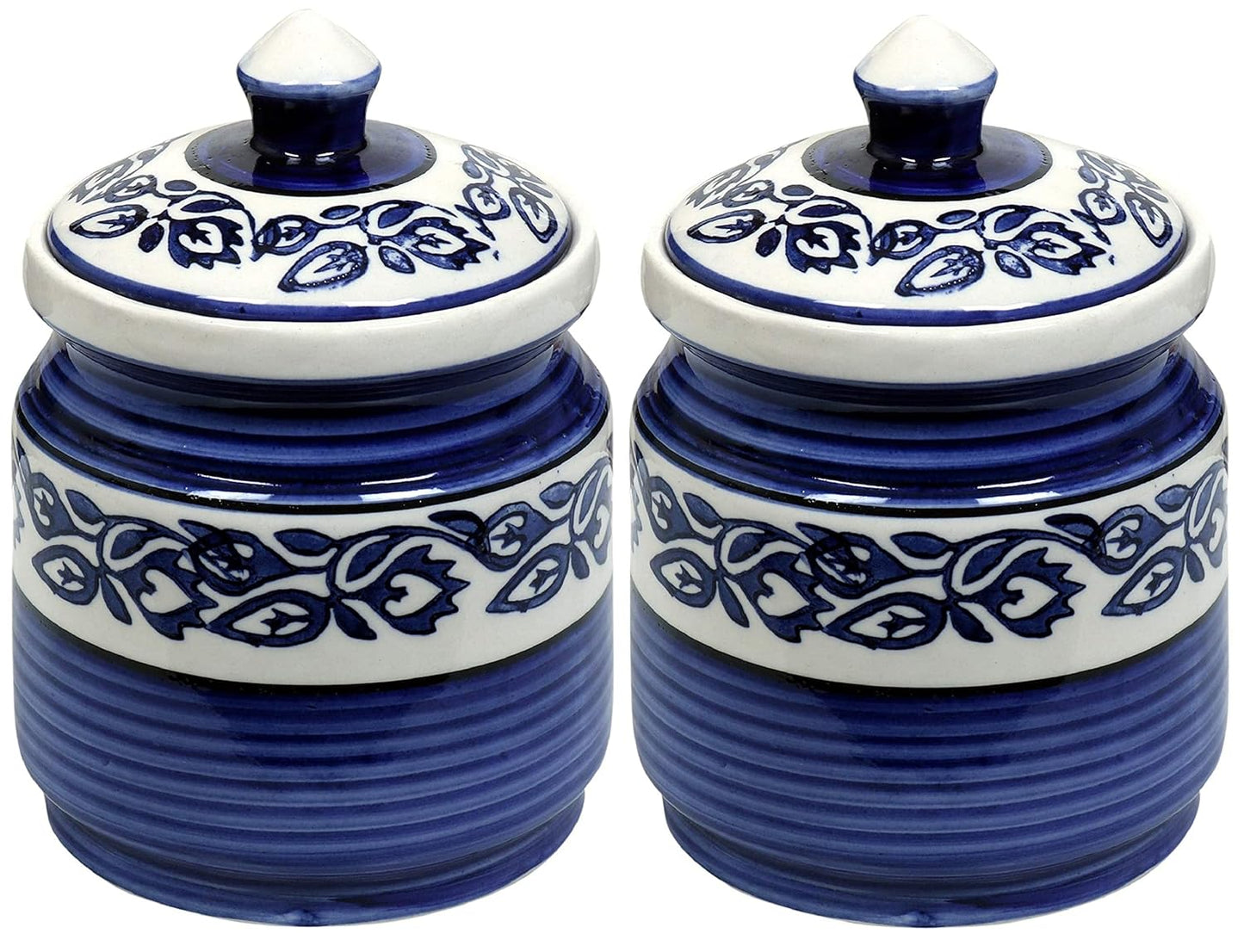 RAJ ROYAL Blue Pottery Hand Painted Cornichon Storage Jar Container with Lid Ceramic Food Storage Multipurpose Storage Container for Home (Set of 2, 750Grm, Blue)