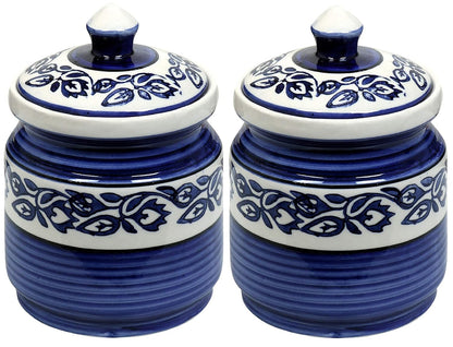 RAJ ROYAL Blue Pottery Hand Painted Cornichon Storage Jar Container with Lid Ceramic Food Storage Multipurpose Storage Container for Home (Set of 2, 750Grm, Blue)