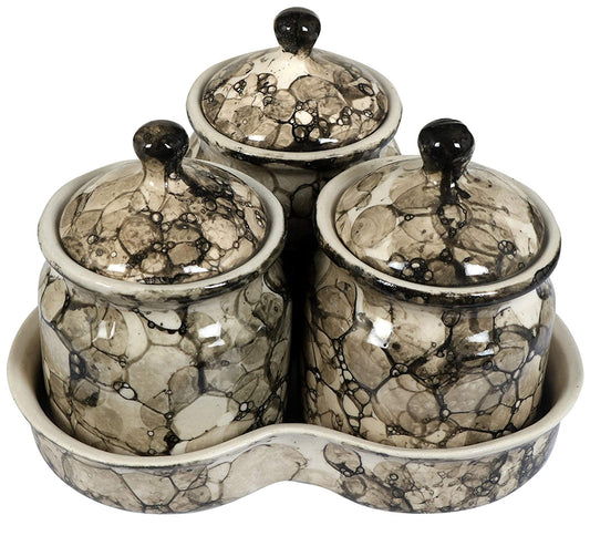 RAJ ROYAL Ceramic Food Storage Container with Lid & Tray - Set of 3-Storage Canister,Color – Luster Brown, Cornichon Jar - Size: Height 2.9" x Diameter : 2.9", Capacity-200 Gm Each