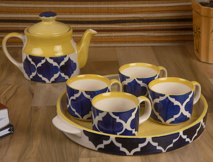 RAJ ROYAL Microwave Safe Hand Made Hand painted 4 Cups 1 Kettle and 1 Tray Tea Set Excellent Gift for Any Occasion