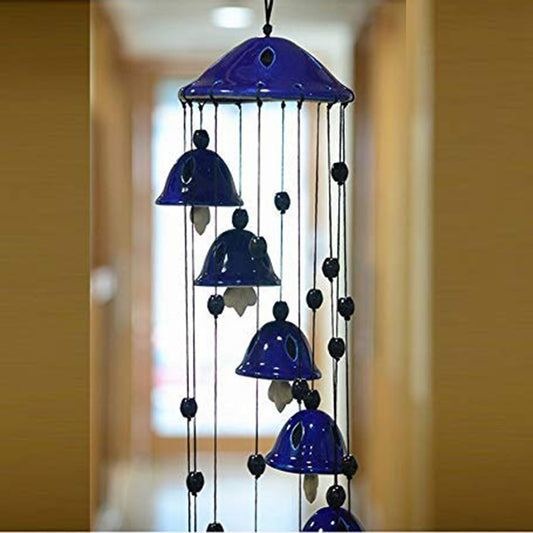 Raj Royal Handmade Ceramic Melodious Positive Sound Energy Wind Chimes Bell (8 Bells) Shape for Office Garden Bedroom Balcony Outdoor Home Decor - (65 cm, Blue)