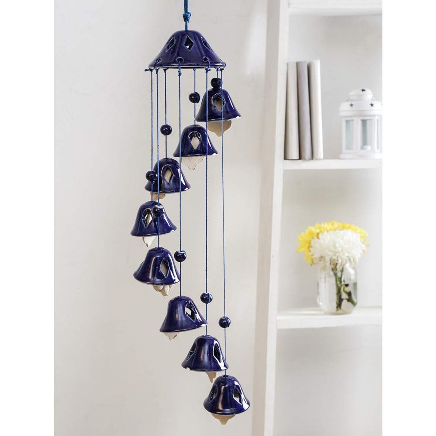 Raj Royal Handmade Ceramic Melodious Positive Sound Energy Wind Chimes Bell (8 Bells) Shape for Office Garden Bedroom Balcony Outdoor Home Decor - (65 cm, Blue)