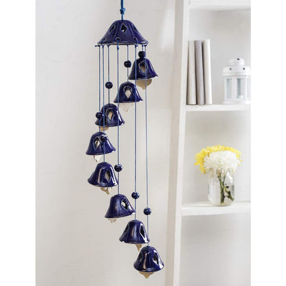 Raj Royal Handmade Ceramic Melodious Positive Sound Energy Wind Chimes Bell (8 Bells) Shape for Office Garden Bedroom Balcony Outdoor Home Decor - (65 cm, Blue)