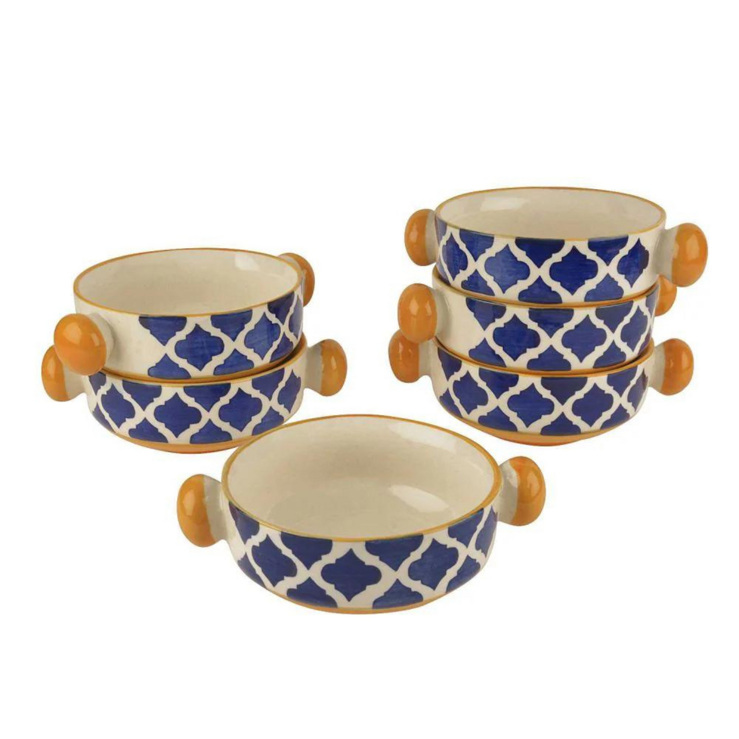 RAJ ROYAL Hand painted Blue Pottery Mughal Design Ceramic Soup Bowl with Handle - Set of 6 | Dessert Bowls | Cereal Bowls | Serving Bowls |Soup Bowls Set with Handle / Maggi Bowls (300 ML Each)