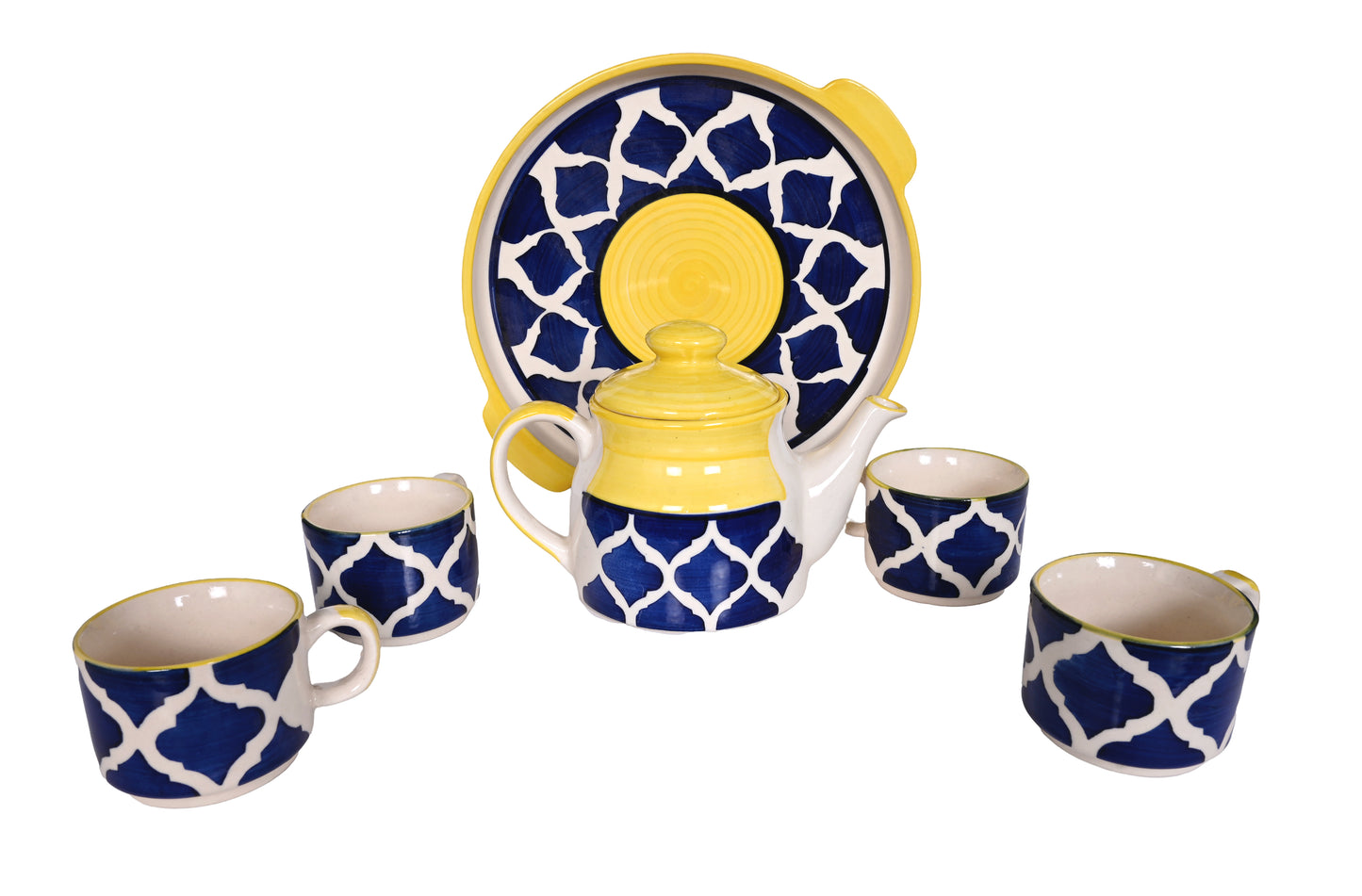 RAJ ROYAL Microwave Safe Hand Made Hand painted 4 Cups 1 Kettle and 1 Tray Tea Set Excellent Gift for Any Occasion