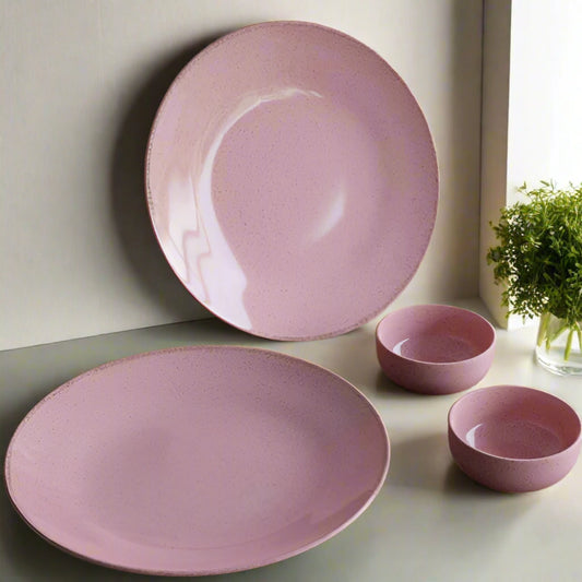 Glossy Pink 2 Ceramic Dinner Plate with 2 Serving Bowl