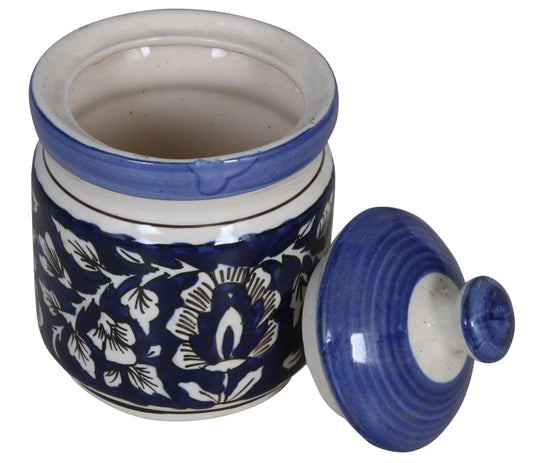 RAJ ROYAL Ceramic Serving Pot Modeling Clay Food Storage Container with Lid - Storage Canister,Color - Mugal Blue Pottery , Cornichon Jar - Size: L:4.5" x B:4.5" x H: 6.2", Capacity-750 gram