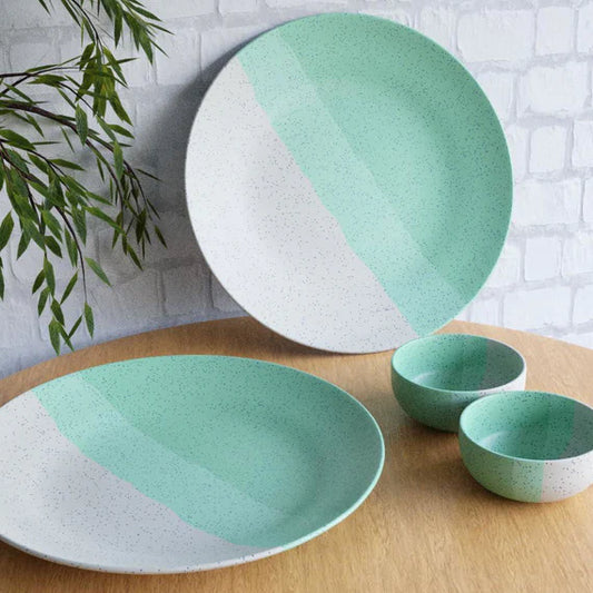 Tritone Green Matte 2 Ceramic Dinner Plate with 2 Serving Bowl